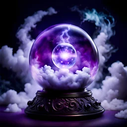 magical crystal ball, surrounded by clouds of sorcerous energy, purple lighting, black background