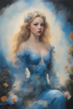 blue, large, Amanda Seyfried, blonde, floral designs, atmospheric, Planet of the Apes, beautiful, China Doll, oil painting by Frank Frazetta