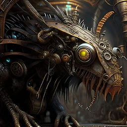 epic, intricate details, high detail, steampunk creature living in the underground