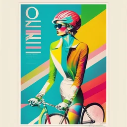 A vogue-like poster featuring a cyclist. No writing, no words. Colourful, fashion.