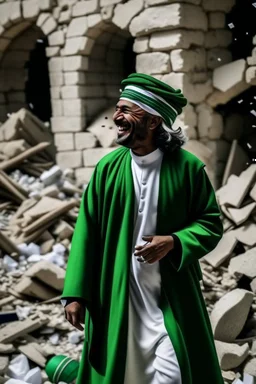 A Saudi prince wearing Saudi clothing laughs among the ruins of a destroyed city while the torn Palestinian flag is thrown on one of the rocks