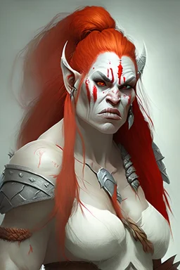 white orc barbarian woman with red hair, half body shot