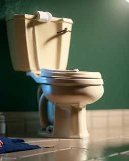 Toilet scene with Donald trump sitting defecating defecating, Wes Anderson style, realistic photo, concept art, smooth, unreal engine 5, god lights, ray tracing, RTX, lumen lighting, ultra detail, volumetric lighting, 3d.