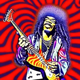 hippie JIMI HENDRIX Santa playing electric guitar, psychedelic, peace sign, MUSHROOMS, TRIPPY, ACID, LSD, dreadlocks