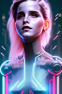 cyberpunk, head, women, portrait, tron sketch of emma watson on lined paperA beautiful one nude body of a make up smiling woman blond long hair, alone, high key lighting, volumetric light high details with white stripes and blue eye, smiling with plump pink lips, flowers around, unreal engine petit prince belle fine, profil de trois quart, grand front cosmique, peau bleu cristalline, yeux bleu, perle sur le front long cheveux blond et rose etoilé, cristaux sur le corps,