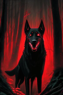 in the style of William Adolphe Bouguereau, a monstrous black hound with red, glowing eyes in a dark forest with a wicked grin