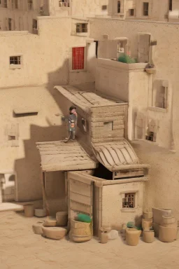 A Palestinian child carries on his shoulders a large bag with windows and doors