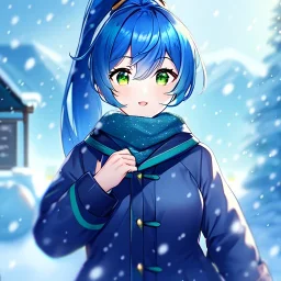 Clear focus, 8k, beautiful lighting, vibrant colors, girl, blue hair, green eyes, ponytail, snowing, winter clothes,