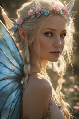 Pointed elven ears,Blonde hair ,Pink dress,Sparkling fairy wings,Very long golden hair,Fairy crown,pointed ears,elven ears,fairy wings,water lilies,sparkling,glittering,flowers,blossoms,golden crown,light pink dress