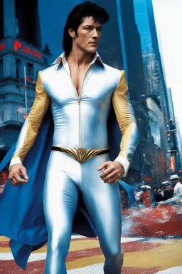 20-year-old, extremely muscular, short, buzz-cut, pitch black hair, Paul Stanley/Elvis Presley/Keanu Reeves/Pierce Brosnan/Jon Bernthal/Sean Bean/Dolph Lundgren/Patrick Swayze/ hybrid, as the extremely muscular Superhero "SUPERSONIC" in an original patriotic red, white and blue, "Supersonic" suit with an America Flag Cape,