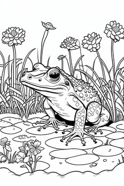 Outline art, toad in the garden, cartoon style, black and white, low detail, --ar 9:11