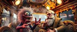 close up portrait of hairy fluffy polymer clay cute happy excited gesticulating monster with realistic human colored and textured skin, and long sleek limbs and with studio lights, on a luxury ornate neon buss with strange graphitti and tatooes, talking to a wise man, buss is full of smoke, and bright beams from the sky