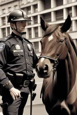 objeto: hombre con cabeza de caballo vestido con uniforme policial; acción: parado; contexto: un recinto policial;