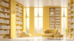 Modern yellow library interior with sunlight. Decor and desing concept. 3D Rendering