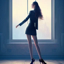 beautiful girl with very nice fashion clothing ,pretty high heels,standing next to window in a luxury room in a modern city posing to camera,full body show, 8k resolution concept art portrait hyperdetailed intricately detailed Splash art trending on Artstation triadic fullbody portrait paint,