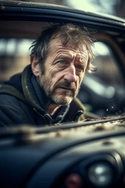 portrait of man stuck in deformed car after a crash ,shot on Hasselblad h6d-400c, zeiss prime lens, bokeh like f/0.8, tilt-shift lens 8k, high detail, smooth render, down-light, unreal engine, prize winning