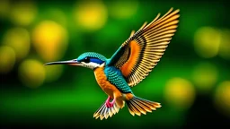 Kingfisher spreads its wings and flies in the sky, whimsical photography Anatomically correct Body proportions are appropriate High quality High resolution