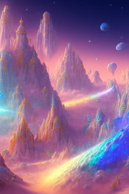 cascades of multicolored crystals in a blue sky, cosmic and galactic ambiance, full of details, smooth, bright sunshine，soft light atmosphere, light effect，vaporwave colorful, concept art, smooth, extremely sharp detail, finely tuned detail, ultra high definition, 8 k, unreal engine 5, ultra sharp focus