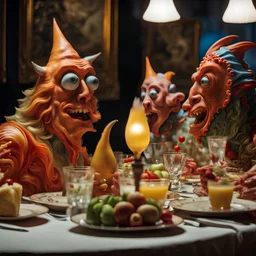 Close-up shot of ultra realistic odd monsters dining, vivid, ultra realistic, Yves Tanguy, hypermaximalist figures, light, Italian 1970's odd movie, plastic, hilarious, Minicavio Quollati style, photography by Marlost Endgulp, ornate, 4k, photorealism, impressionism, Yves Tanguy