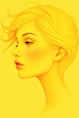 The image features a highly stylized and surreal representation of a beautiful girl characterized by a unique yellow-toned color palette. The face is shown in profile, with soft, smooth facial features and a serene expression. The head is adorned with flowing, , The background is a solid light yellow, enhancing the ethereal quality of the composition. The overall effect is one of