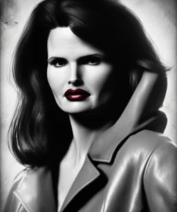 Geena Davis as femme fatale in a leather coat. black and white. film noir. hollywood. low key. contrast. cold lights. high detailed.