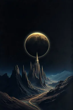 painting in the style of frazzetta, dark gothic moon eclipse fine art nouveau space moon crater deep space organic meteor dark sun spires 4k ultra HD background panorama sci fi photorealistic painting aesthetic beauty nature