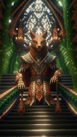 close up portrait of a happy blessed ancient magical king fox soldier standing on a throne in a space alien mega structure with stairs and bridges woven into a sacred geometry knitted tapestry in the middle of lush magic forest, bokeh like f/0.8, tilt-shift lens 8k, high detail, smooth render, down-light, unreal engine, prize winning