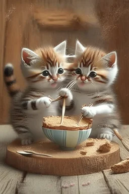 cute kittens eating cake with a wooden spoon