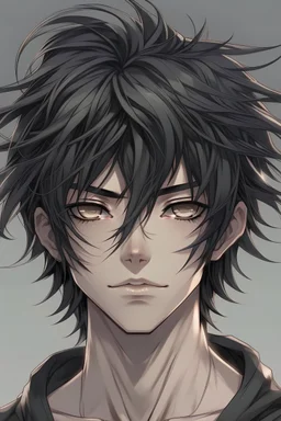 Anime man messy black hair realistic