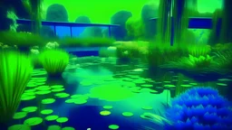 Contemplative, dreamy and realist photo of a technological garden with a lake. Shapes are geometric, grainy and with a little blur. Colors are vivid, electric blue, electric green and electric grey.