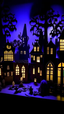 A purple Halloween town with Jack-o'-lanterns and ghosts designed in Javanese shadow puppets painted by Edouard Manet