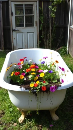 A Bathtub Al of it filled with dirt to the top, and in growing a colorful flowers , some of them are tingling down on the sides in an abandoned backyard