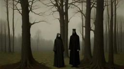 Two tall figures, lending a solemn and contemplative tone to the scene, are a solitary figure dressed in dark clothing, blending into the surroundings' subdued, overcast sky. Among the trees, a wooden cross displays arms of equal length, its dark shape harmonizing with the barren branches. Near the base of the trees, leafless trees stand close together in a rural landscape, lending a solemn and contemplative tone to the scene. In the background, gently rolling hills recede into the distance, the