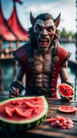 portrait of a vampire werewolf with mustage eating watermelon and the blood of fish on a viking ship, on a glass pier ,bokeh like f/0.8, tilt-shift lens 8k, high detail, smooth render, down-light, unreal engine, prize winning