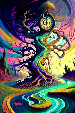 A digital painting of a grotesque, surreal landscape, embodying the chaos of the subconscious showing a distorted clock and shaped trees with twisted roots float above a ground with colorful waves and swirls. This landscape is like a dream world. Use exaggerated proportions, and a digital brush texture of oil paint.