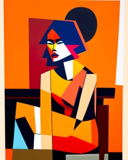 painting of a tired woman sitting on a chair, cubist vibe, sleeveless, oilpaint, variations around female, scarlet and orange blast color dynamics, 1970s philippines, family portrait,centre composition, viet aspect