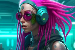 mermaid cyberpunk some fish scales on face pink hair dreadlock sunglasses