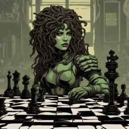 velcro patch of medusa in the style of cyber punk playing chess with a knight chess piece in her hand