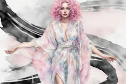 A beautiful woman with knee-length curly pink hair, wearing a spider-sleeved ankle-length tie-dye kaftan and silver high-heeled sandals, double exposure, merged layers, watercolor and black ink outlines, soft, shading strokes, cracked marble holographic background, the cracks are golden S<AI in sunshine