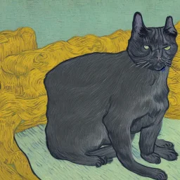 a van gogh painting with a gray cat and a black dog