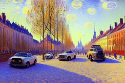 Sunny day, modern contemporary city, modern cars, alfred sisley impressionism painting