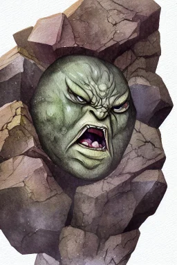 dnd, fantasy, watercolour, ilustration, dao, rock surface, earth elemental face, angry, greedy