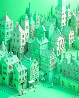 A mint colored town with instrument shaped buildings painted by MC Escher