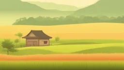 Rice field，Trees，Warm color palette，Animation，A lovely grasshopper