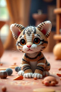 A visually enchanting 4K photograph featuring a lovable, Pixar-inspired miniature blotched tabby kitten, expertly crafted in a whimsical and vibrant cartoon style. The kitten, adorned with soft fur and expressive features, is masterfully rendered in a lifelike 3D amigurumi crochet design, which captivates viewers with its irresistible charm. The background is filled with warm, inviting colors and a 3D render, creating a cinematic atmosphere that further accentuates the kitten's enchanting appeal