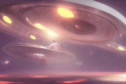 beautiful woman riding inside flying saucer over future alien city