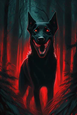 in the style of William Adolphe Bouguereau, a monstrous black hound with red, glowing eyes and sharp teeth, a wicked grin in a dark forest