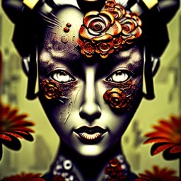 an abstract painting of rusted metal and flowers, Geisha portrait, rust, scaffolding, iron cladding, decay, mixed media, textured, anatomically correct, beautiful perfect face, sharp focus, highly detailed