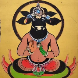 cow with wings holding a lotus and mace in Indian painting style