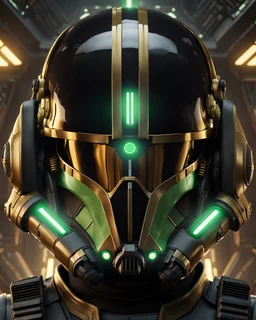 star wars bald male corellian pilot wearing black and bright gasoline green First Order special forces TIE pilot commando armored flightsuit and helmet with gold trim inside the jedi temple, centered head and shoulders portrait, hyperdetailed, dynamic lighting, hyperdetailed background, 8k resolution, volumetric lighting, light skin, fully symmetric details